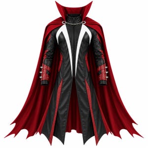 Op de afbeelding: Een lange zwart-rode jas met een hoge kraag, een ritssluiting aan de voorzijde en een grote rode cape bevestigd met een zilveren ketting. De mouwen hebben rode manchetten met zilveren spikes en de borst heeft witte V-vormige accenten.