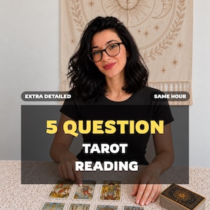 May include: A tarot card reading service featuring the text 5 QUESTION TAROT READING, EXTRA DETAILED, and SAME HOUR. The image displays a person in a black t-shirt and glasses pointing at a tarot card on a table with a deck of cards nearby.