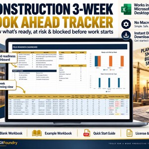 May include: A digital construction 3-week look ahead tracker displayed on a laptop screen. The interface features a field readiness dashboard, priority actions, and bar charts. Text includes 'Construction 3-Week Look Ahead Tracker' and 'Plan Smarter Build Smoother'.