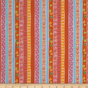 May include: A colorful fabric with a striped pattern featuring various designs, including flowers, hearts, and stars. The fabric is in shades of orange, pink, blue, and white.