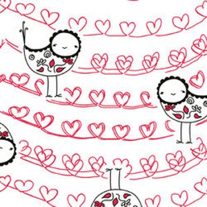May include: A seamless pattern featuring cute cartoon birds with floral details and red hearts connected by red lines.