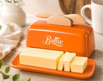 Orange Butter Dish with Lid and Knife, Ceramic Butter Holder