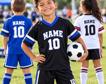 Op de afbeelding: Een zwart voetbalshirt en short-set met blauwe accenten, het woord NAME en het nummer 10 in het wit. Het shirt heeft een V-hals en de short is voorzien van een zijstreep. Een zwart-witte voetbal wordt tegen het shirt aan vastgehouden.
