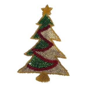 May include: A Christmas tree patch crafted with green, white, and red glass bugle beads. The tree features a gold beaded star at the top, a gold beaded trunk, and a winding red beaded garland accenting the white and green beaded branches.