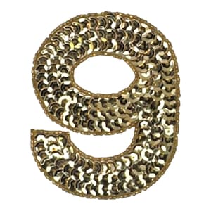 May include: A gold-colored number nine patch covered in small, reflective, circular sequins. The digit is shaped with a rounded top loop and a curved tail, featuring a consistent metallic finish across the entire surface of the embroidered applique.