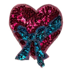 Rosa Paillettenherz-Applikation, blaue Schleife, glitzernder Herzaufnäher, Kleidung, Kostüm, Nähen, Basteln, Verzierung