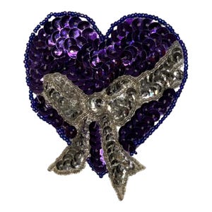 Aplique de corazón con lentejuelas moradas y lazo plateado, parche de corazón brillante para ropa, disfraces, costura y manualidades.