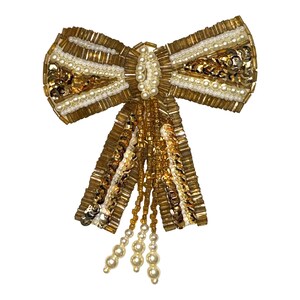 Gold Ivory Beaded Sequin Bow Applique Large Bow Patch Clothing Costume Sewing Craft Embellishment