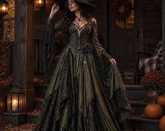 Vestido de bruja gótica para mujer, vestido de hada del bosque verde, disfraz medieval renacentista, vestido largo con corsé, atuendo de Halloween con mangas acampanadas.