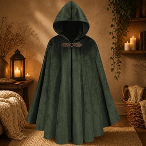 May include: A dark forest green velvet hooded cloak featuring a structured hood and a brown leather-like tab closure at the neck. The garment has a full-length, flared silhouette with vertical folds that drape from the shoulders to the hemline.