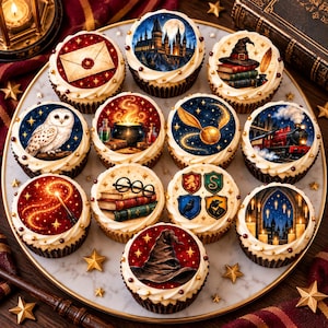 May include: A collection of twelve cupcakes arranged on a round platter, each topped with a circular edible image featuring various fantasy-themed illustrations including a castle, a steam train, a snowy owl, a golden snitch, and a sorting hat.