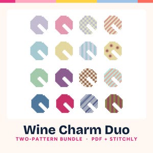 May include: A collection of sixteen octagonal pixel-art style wine charms in various colors and patterns, including solid, striped, checkered, and polka-dot designs. The text below reads Wine Charm Duo, TWO-PATTERN BUNDLE, PDF + STITCHLY.