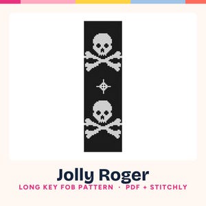 Skull Needlepoint Pattern: Jolly Roger Skull and Crossbones Long Key Fob Chart, 13 Mesh PDF + Stitchly, Halloween