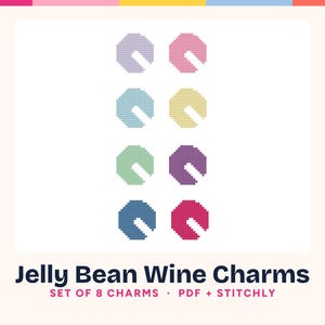 May include: A set of eight octagonal cross-stitch patterns in pastel and bright colors including lavender, pink, light blue, yellow, light green, purple, dark blue, and magenta. The text Jelly Bean Wine Charms Set of 8 Charms PDF + Stitchly is below.