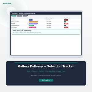 Może przedstawiać: Interfejs cyfrowy zatytułowany Galleries - Delivery + Selection Tracker prezentujący tabelę z nazwami klientów, statusami, datami dostaw i oznaczeniami płatności. Poniżej ciemny panel wymienia etapy przepływu pracy.