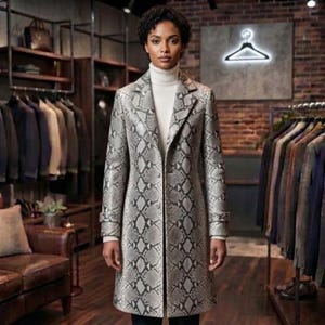 Womens White Snake Print Leather Long Coat, Python Print Trench Coat, Exotic Statement Outerwear, Notch Lapel Overcoat, Gift for Her
