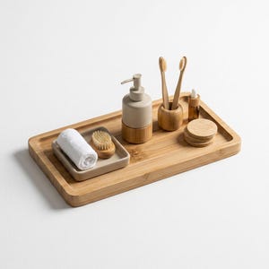 Långt bricka i bambuträ | Minimalistisk rektangulär arrangör för badrumsbänk, hudvård och ljusdisplay