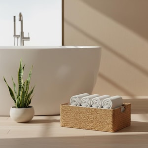 May include: A rectangular woven basket made of natural tan fibers containing four neatly rolled white towels, positioned next to a potted snake plant with green and yellow variegated leaves in a smooth, round, off-white ceramic planter.