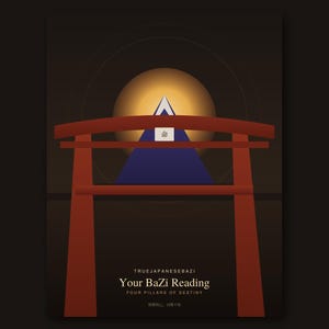 Puede incluir: Una impresión rectangular de color marrón oscuro con una puerta torii roja en primer plano, un triángulo azul con una punta blanca y un círculo dorado brillante. El texto dice: TRUEJAPANESEBAZI, Your BaZi Reading, FOUR PILLARS OF DESTINY, SMALL, 18X16.