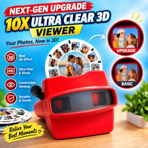 Puede incluir: Un visor de fotos 3D de color rojo brillante con un disco de imágenes circular insertado. El dispositivo cuenta con una zona de lente negra y una palanca lateral. El texto en la imagen incluye NEXT-GEN UPGRADE 10X ULTRA CLEAR 3D VIEWER y Relive Your Best Moments.