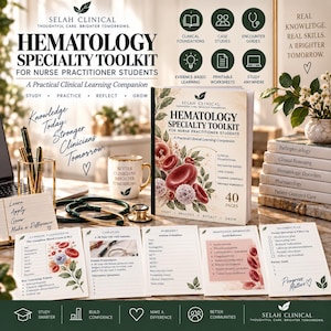 Puede incluir: Un kit de herramientas de hematología para estudiantes de enfermería, que incluye una guía de estudio de 40 páginas, hojas de trabajo clínicas y tarjetas de referencia. El set contiene una taza, un estetoscopio y bolígrafos con texto.