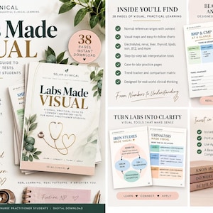 May include: A digital guide titled Labs Made Visual for nurse practitioner students, featuring 38 pages of charts, diagrams, and lab interpretation tools. The cover displays a stethoscope illustration, and the pages include clinical reference tables.