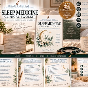 May include: A Sleep Medicine Clinical Toolkit for nurse practitioner students, featuring a 42-page printable PDF. The cover displays a crescent moon, leaves, and text. Includes clinical case studies, assessment tools, and educational resources.