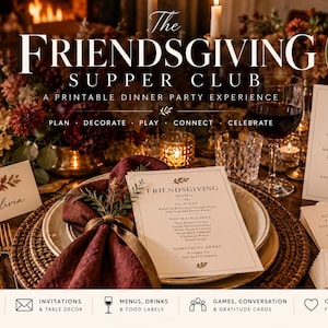Puede incluir: Un kit imprimible Friendsgiving Supper Club con 24 páginas de materiales para cenas. Incluye menús, listas de bebidas, tarjetas de lugar y tarjetas de conversación con texto como The Friendsgiving Supper Club y Drinks en papel crema.