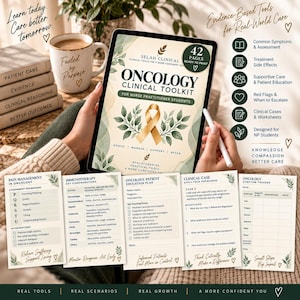 Puede incluir: Una tableta digital muestra el Oncology Clinical Toolkit for Nurse Practitioner Students, con un lazo dorado e ilustraciones botánicas. Alrededor de la tableta hay hojas de trabajo clínicas impresas, una taza y libros.