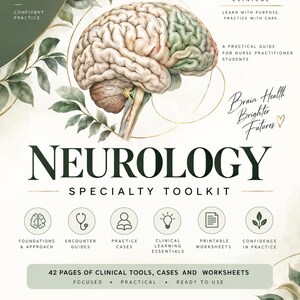 Puede incluir: Una guía Neurology Specialty Toolkit para estudiantes de enfermería con una ilustración central del cerebro, hojas verdes y texto que incluye "Brain Health Brighter Futures," "42 pages of clinical tools" y "Selah Clinical."