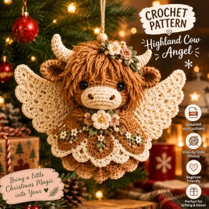 Crochet Highland Cow Angel Ornament, Handmade Christmas Decor, Cow Lover Gift