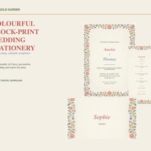 Kleurrijk trouwkaartenpakket met Marigold Garden-thema, bewerkbare Canva-sjablonen, uitnodiging met bloemenprint, menu, tafelindeling en bewegwijzering.