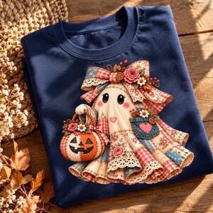 Girly Coquette Ghost, Preppy Patchwork Boo Design, Retro Spooky Season, Floral Pumpkin Sublimation, Digital Download Halloween T Shirt