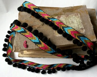 2 Yards Woven Trim with Black Ball Fringe - Black, Tan, Turquoise. Salmon Ribbon Braid