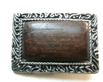 Vintage Wood and Silver Metal Belt Buckle - 2 3/4" wide x 2" high
