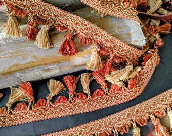 Heavy Braid Trim with Tassels Vintage Gold and Cinnamon Rust - Per Yard