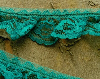 Teal Green Rose Pattern Ruffled Lace - Vintage By the Yard