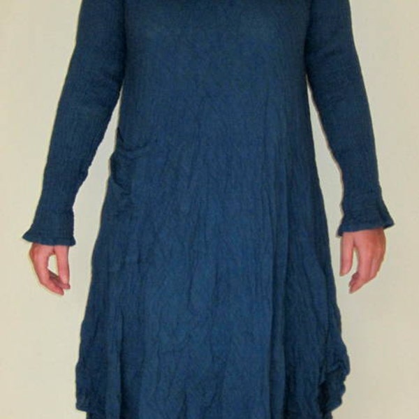 cowl neck collared long sleeve dress in dark blue