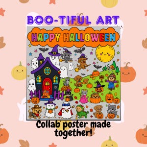 May include: A colorful Halloween-themed poster featuring the text BOO-TIFUL ART and HAPPY HALLOWEEN. The illustration displays a haunted house, ghosts, cats, dogs, pumpkins, a scarecrow, and a yellow moon against a festive autumn background.