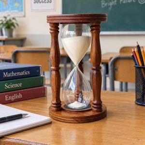 May include: A wooden hourglass with a dark brown finish and four turned pillars supporting the top and bottom circular bases. The clear glass bulb contains white sand, with a portion of the sand currently flowing from the top to the bottom chamber.
