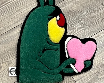 Hand-Tufted Plankton Rug: Retro Cartoon Character with Heart (Green, Pink)