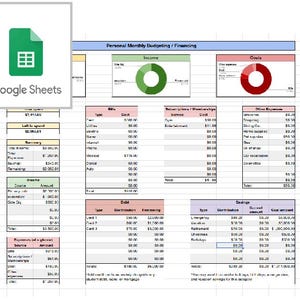 May include: A digital personal monthly budgeting and financing spreadsheet template for Google Sheets. The layout includes sections for income, costs, bills, subscriptions, debt, and savings, featuring a green donut chart and a red donut chart.