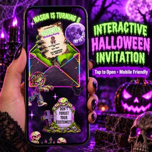 May include: A smartphone screen displaying an interactive Halloween birthday party invitation for Mason turning 6. The digital design features a zombie, a tombstone with the text Don't Forget Your Costume, and an envelope with neon outlines.