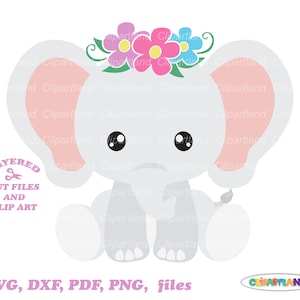 May include: A gray elephant with pink ears and a flower crown. The crown has pink, blue, and yellow flowers with green leaves. The elephant is sitting with its legs crossed and has large, black eyes.