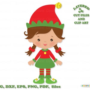 Download istantaneo. Ragazza carina elfo di Natale in formato SVG, file tagliati DXF e clip art. E_39.