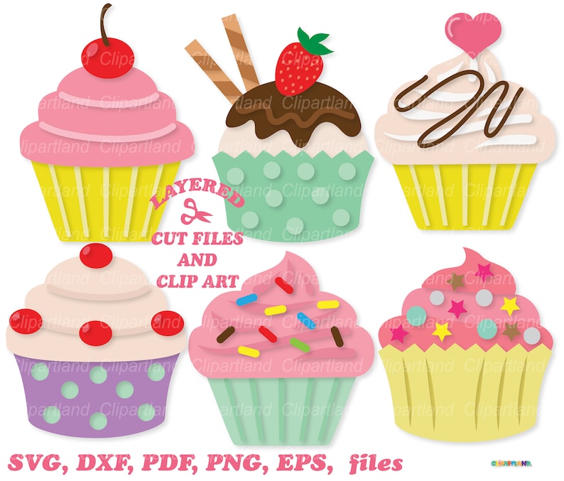Pode incluir: Seis ilustra&ccedil;&otilde;es de cupcakes coloridos com diferentes coberturas, incluindo cerejas, morangos, granulado e cobertura de chocolate. Os cupcakes est&atilde;o em camadas e prontos para serem recortados para projetos de artesanato.
