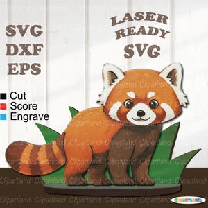 May include: A wooden red panda cut-out with a detailed design. The red panda has a brown body, orange fur, and a striped tail. The image includes text that says "SVG, DXF, EPS, Laser Ready SVG". The cut-out is on a green base.