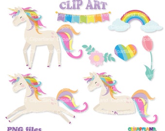 May include: A set of digital clip art featuring unicorns with rainbow manes and tails, a rainbow, a heart, a flower, and a tulip. The clip art is perfect for adding a whimsical touch to your digital projects.