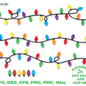 即時ダウンロード。個人および商用利用が含まれます。クリスマス ライト ストリングの SVG カット ファイルとクリップ アート。Chl_7。