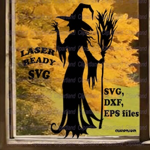 May include: Black silhouette of a witch with a broom and pointed hat. The image includes the text "LASER READY SVG" on the left and "SVG, DXF, EPS files" on the right. A Halloween-themed design.